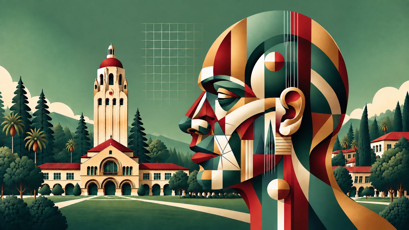 SPSRC 2027 illustration: Hoover Tower and the Stanford Main Quad beside a cubist profile of a human face in green, cardinal and sand